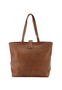 Sac fourre-tout en cuir marron avec double bandoulière et fermeture centrale à languette cousue sur fond blanc.