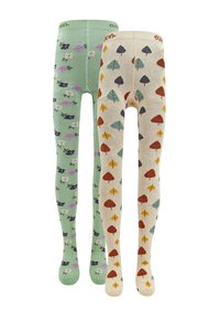 Zwei Paar Strumpfhosen: eine grüne mit floralem Design, eine beiger mit bunten Bäumen. Beide verfügen über eine gerippte Textur und einen elastischen Bund.