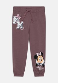 Mauve tepláky s elastickým pasem, na kterých je grafika myšky Minnie a písmena "MM" v růžové barvě, a manžetami na kotnících.
