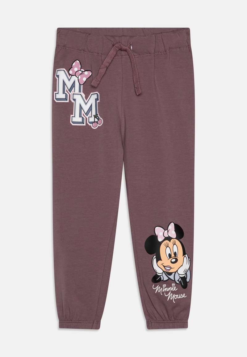 Mauve tepláky s elastickým pasem, na kterých je grafika myšky Minnie a písmena "MM" v růžové barvě, a manžetami na kotnících.