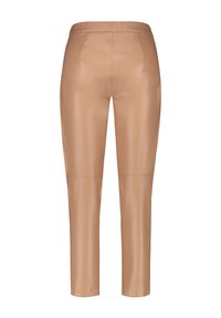 Tajta, högmidjade, beige läderbyxor med elastisk midja och slät yta; har en minimalistisk design och inga synliga detaljer.