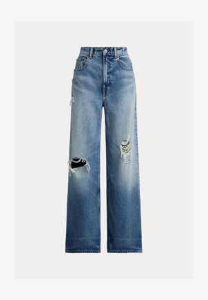 Ljusblå jeans med vida ben, slitna områden och fransiga kanter. Hög midja, klassisk femficksmodell och knäppning med knapp.