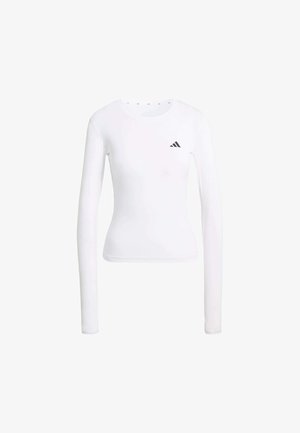 Weißes athletisches Langarmshirt mit rundem Ausschnitt, figurbetontem Design und kleinem schwarzem Adidas-Logo auf der linken Brust. Glatte Textur.