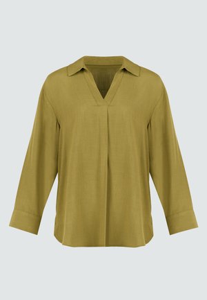 Olive green, long-sleeved blouse with a V-neck and collar. Made of lightweight, textured material; features a relaxed fit and side slits.
