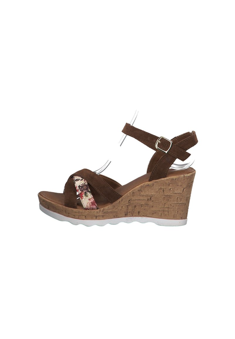Brown suede wedge sandal with floral accent and adjustable strap. Cork platform with a white rubber sole; open toe design.