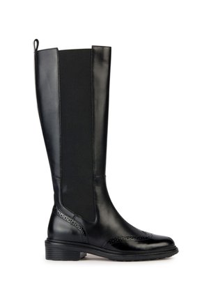 Stivale in pelle nera alto fino al ginocchio con pannelli laterali elasticizzati, superficie liscia, decorazioni perforate e tacco basso a stack.