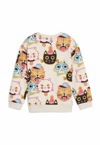 Felpa di colore chiaro con una stampa di gatti giocosi in diverse tonalità. Il design include volti di gatti a fumetti con occhiali e accessori. Materiale di cotone.