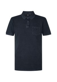 Polo de culoare navy închis cu mânecă scurtă, cu un model texturat în dungi, guler, plastron cu trei butoane și o mică buzunară pe piept.