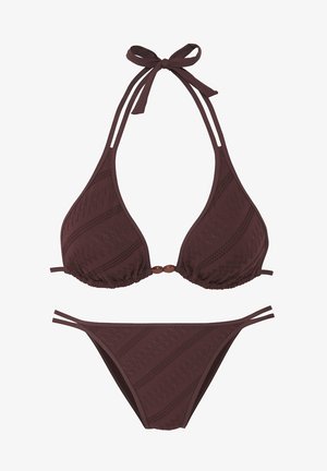Brown bikini set with a triangular top and low-rise bottom. Features textured fabric, tie halter neck, and accent beads at the center.