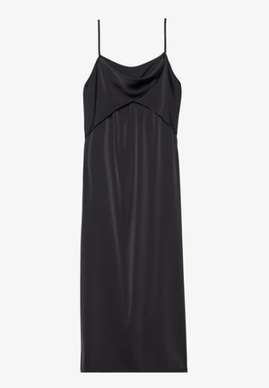 Melnas satīna kleitas ar plānām siksnām, ar izliektu dekoltē, un taisnu siluetu. Gluda tekstūra un minimālistisks dizains.