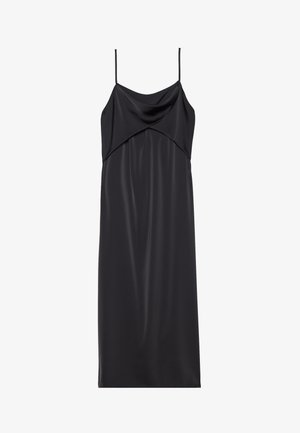 Mustmust satiinist libisev kleit õhukeste spagetitrikkidega, voogav dekoltee ja sirge siluett. Sile tekstuur ja minimalistlik disain.