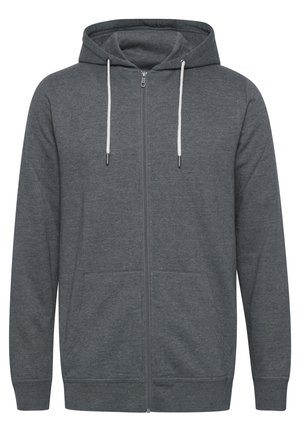 Gray zip-up hoodie with a drawstring hood, front pockets, and ribbed cuffs. Made from soft, textured fabric for comfort.