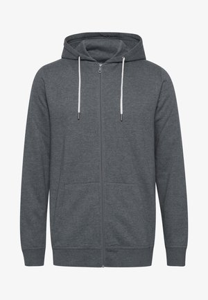 Gray zip-up hoodie with a drawstring hood, front pockets, and ribbed cuffs. Made from soft, textured fabric for comfort.