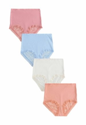 High-waisted panties in pink, blue, white, and peach, featuring lace trim on leg openings and a soft cotton material.
