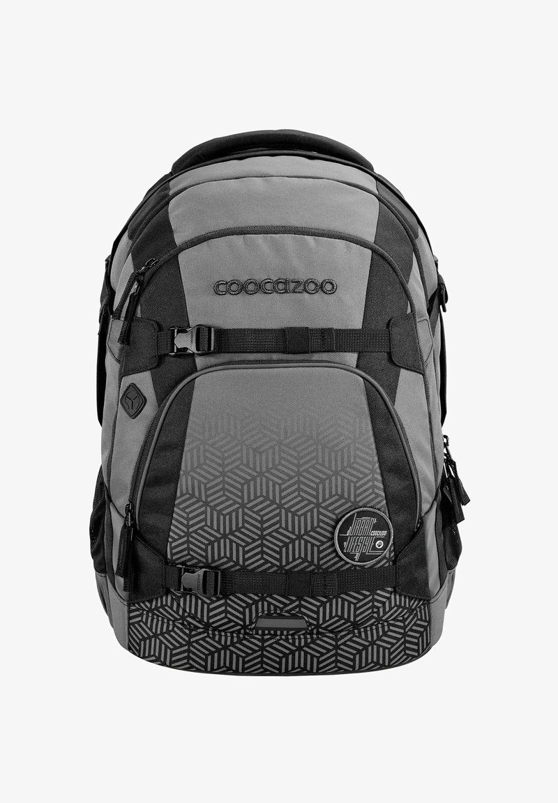 Black and gray backpack with a geometric pattern, multiple compartments, adjustable straps, and buckle accents on the front.