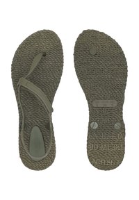 Groene rubberen sandalen met een gestructureerde, geweven zool en flexibele banden. Opvallende branding op de binnenzool en zool. Dubbele stevige ronde accenten.