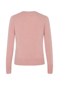 Pull en tricot rose, col rond, manches longues, texture douce, sans motifs ni éléments métalliques visibles, couleur uniforme, coupe classique.