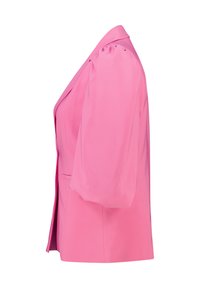 Roze blazer met pofmouwen, tailored design, sluiting met één knop en twee zijzakken. Gemaakt van gladde, lichtgewicht stof.