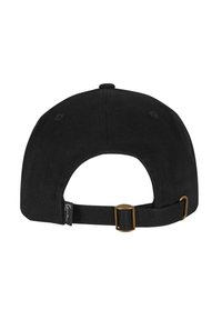 Casquette en coton noir avec une visière incurvée et une sangle réglable. Elle est dotée d'une boucle en laiton à l'arrière et d'une petite étiquette sur le côté.