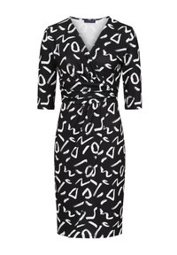 Robe noire enveloppante avec un motif abstrait blanc, manches 3/4, décolleté en V, et taille froncée pour la forme et le design. Texture de tissu lisse.