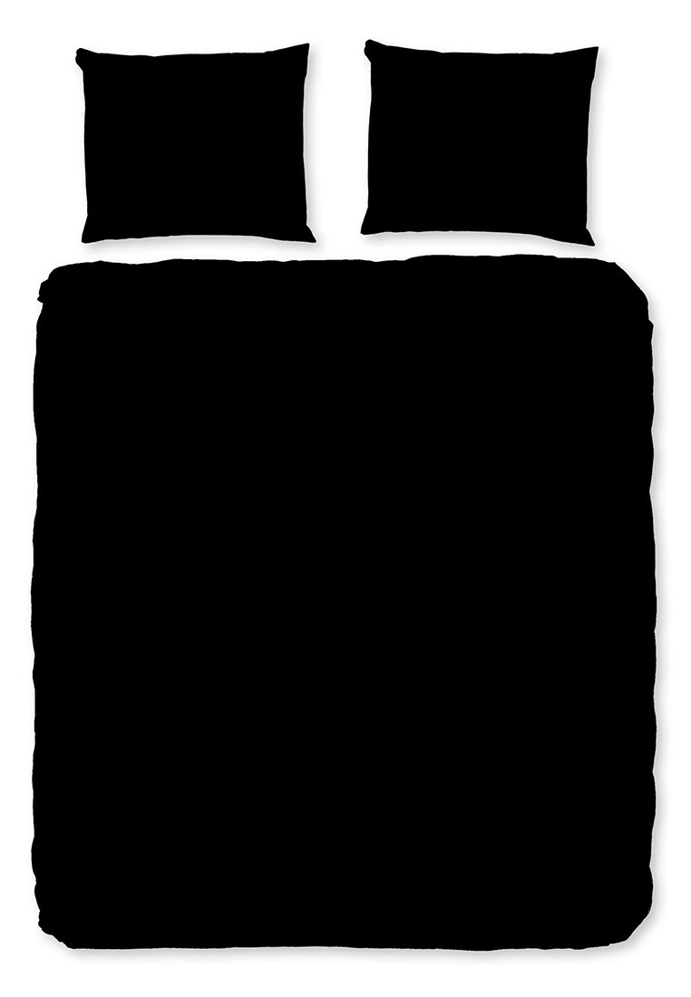 Schwarzes Bettbezugset mit zwei passenden Kissenbezügen. Weicher Stoff, rechteckige Form, glatte Oberfläche, minimales Design. Keine Muster oder Akzente.