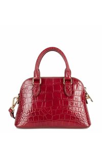 Borsa a mano rossa con effetto coccodrillo, dotata di due manici arrotondati e una tracolla staccabile. Presenta accessori in tonalità oro e una chiusura con zip.