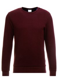 Maglione a maniche lunghe color marrone scuro con motivo a zigzag, scollo rotondo e polsini e orlo a costine.