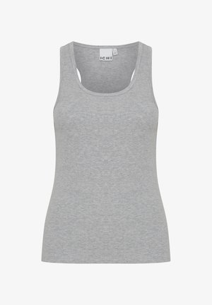 Débardeur gris à côtes avec un col rond et des bretelles larges. Fabriqué en tissu doux et léger. Présente une coupe ajustée et des coutures minimales.
