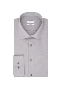 Grijze lange mouw shirt gemaakt van gestructureerde stof. Heeft een puntige kraag, twee knopen aan de voorkant en een manchette met één knoop. Merkt label zichtbaar.