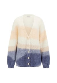 Fuzzy cardigan met een V-hals, knoopsluiting en horizontale strepen in crèmekleurige, perzikachtige en blauwe tinten met een zachte textuur.