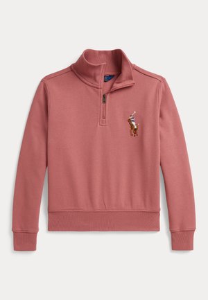 Mauve ružový dlhý rukáv sveter s kvartálnym zipsom, s rebrovanými manžetami a lemom, s malým vyšívaným logom hráča póla na hrudi.