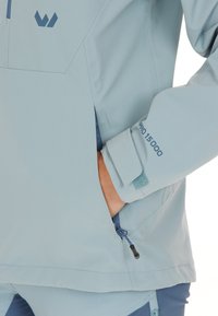 Ljusblå vattentät jacka med en dragkedjeficka, justerbara ärmslut och "PRO 15000" tryckt på ärmen. Slät tygstruktur.