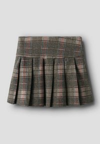 Ruitrokken met plooien, donker groen, roze en blauwe geruite patroon. Gemaakt van textuurstof met een getailleerde taille en een uitlopende zoom.