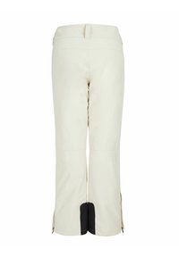 Beige broek met een rechte snit, voorzien van zwarte ritsopeningen bij de boorden. Een gladde textuur en een middenhoog ontwerp van de tailleband.