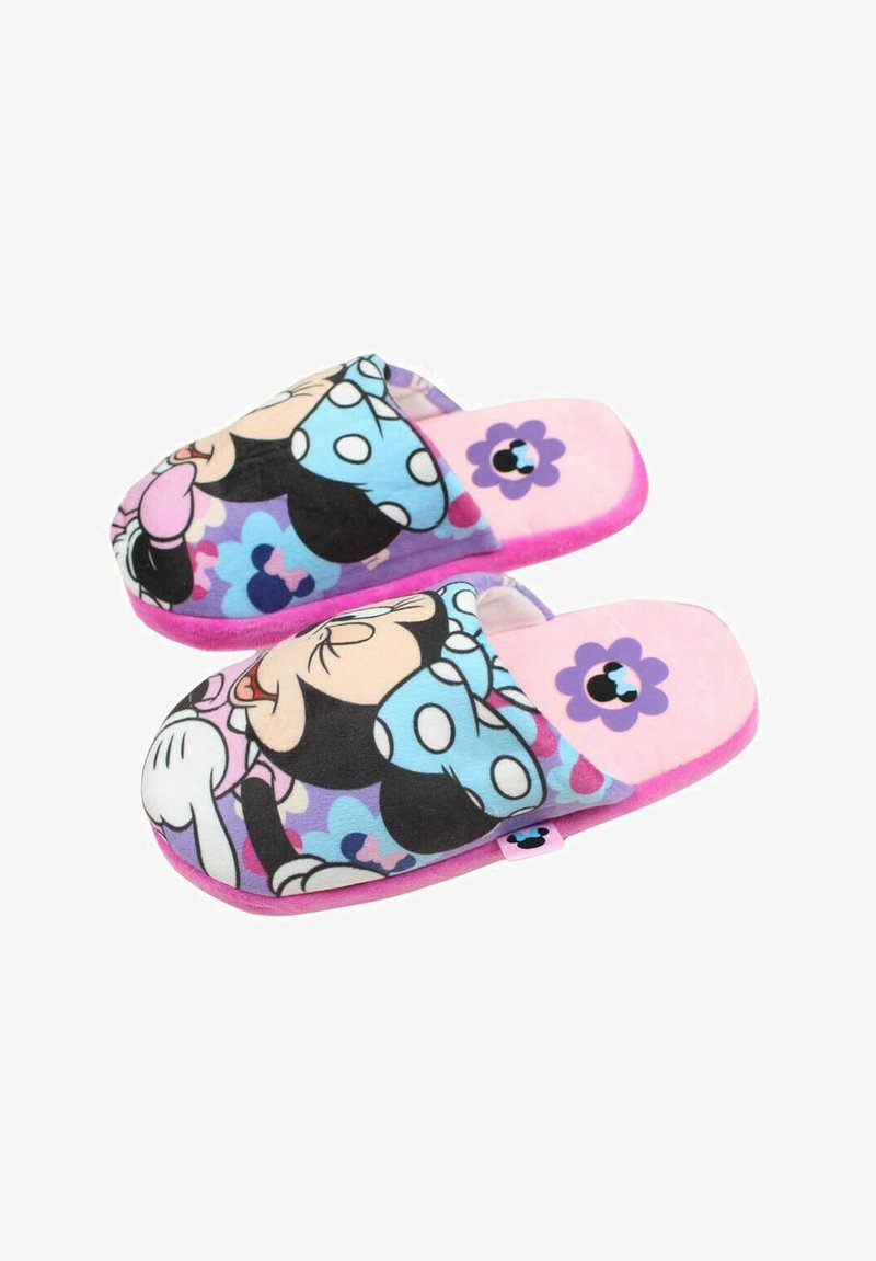Chaussons sur le thème de Minnie Mouse en bleu, rose et violet. Tissu doux avec de larges ouvertures, semelles plates et motifs floraux sur les côtés.