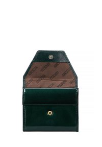Green leather wallet with a glossy finish, featuring a snap closure and a brown interior lined with repeating logo pattern. Hexagonal shape.
