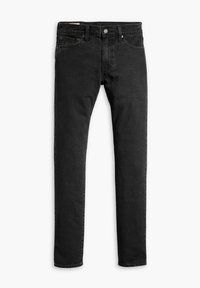Jean en denim noir à coupe droite, style cinq poches classique et fermeture à bouton, posé à plat sur fond blanc.