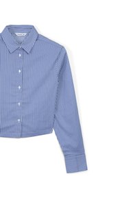 Camicia a maniche lunghe vertikalmente rigata blu e bianca con colletto a punta e bottoni bianchi sul davanti, cropped in vita.