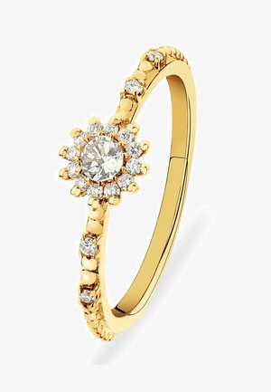 Goldring mit einem zentralen runden Diamanten, umgeben von kleineren Diamanten in einem floralen Muster, mit einer strukturierten Band und polierter Oberfläche.