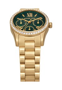 Montre dorée avec un cadran vert, une lunette ornée de cristaux et des index dorés. Dotée d'un bracelet à maillons et d'un logo sur le cadran.