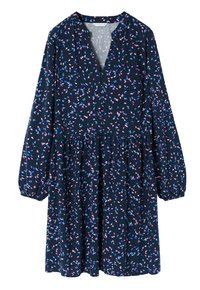 Marineblauwe jurk met lange mouwen, V-hals, gather taille en een bloemenpatroon in roze en blauwe accenten. Gemaakt van lichtgewicht stof.