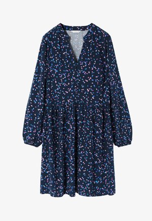 Granatowa sukienka z długimi rękawami, dekoltem w szpic, marszczonym pasem i kwiatowym wzorem w różowych i niebieskich akcentach. Wykonana z lekkiego materiału.