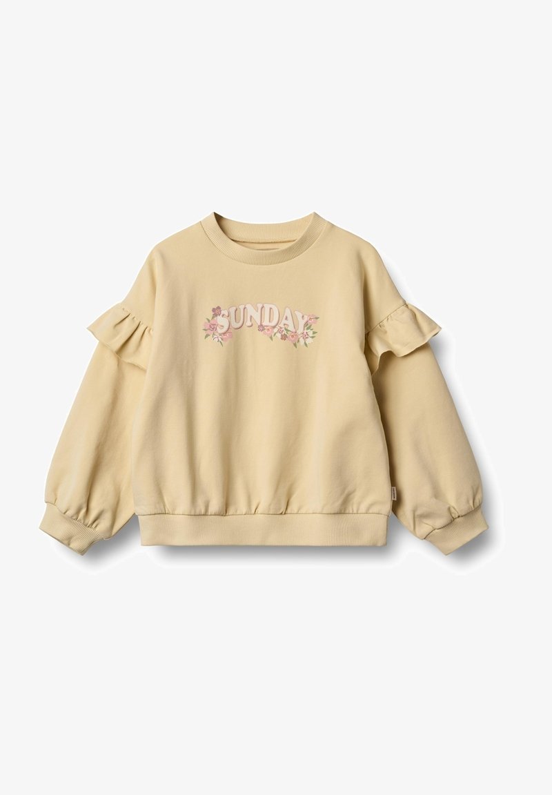 Sweatshirt jaune avec texte fleuri "DIMANCHE", poignets froncés et détails volants sur les manches ; fabriqué en coton doux.