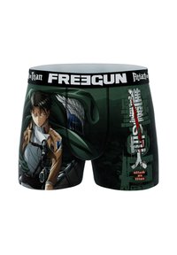 Boxer-briefs noirs et verts présentant un graphique d'un personnage d'anime en tenue militaire, avec une ceinture portant le logo "FREEGUN."