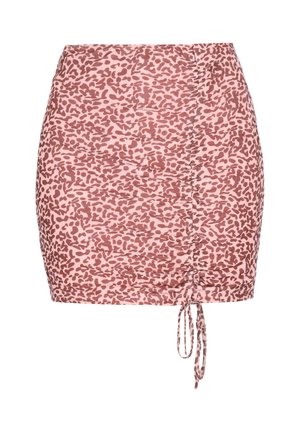 Pink og brun leopardprint ruched mininederdel med justerbar snøre foran i midten af kanten.
