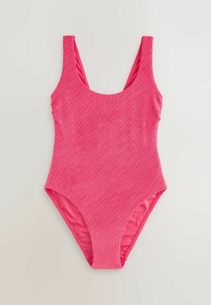 Roosa ühes tükis ujumiskostüüm struktuurse kangaga, ümar kaelus, laiad rihmad ja sile sisepind. Omab vormitud siluetti ja madalat seljaosa.