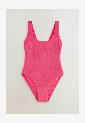 Roosa ühes tükis ujumiskostüüm struktuurse kangaga, ümar kaelus, laiad rihmad ja sile sisepind. Omab vormitud siluetti ja madalat seljaosa.