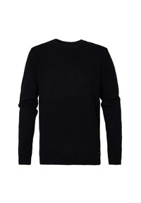 Pull noir à manches longues avec col rond, poignets et ourlet côtelés, présenté sur fond blanc.