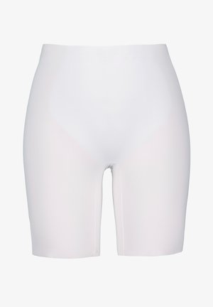 Valkoiset, joustavat shortsit, joissa on korkea vyötärö ja sileä pinta. Suunnitelmassa on saumaton etuosa ja keskimittainen pituus reiteen. Ei lisäkuvioita tai korostuksia.