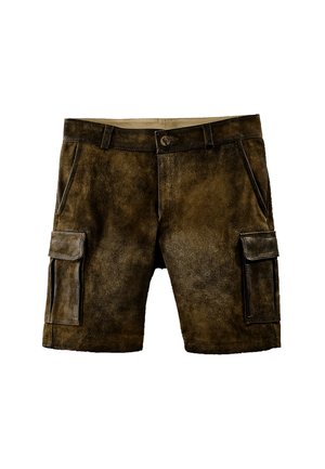 Pantaloni cargo in suede marrone con due tasche laterali, superficie texturizzata e cuciture a contrasto. Presentano una chiusura con bottone e passanti per la cintura.